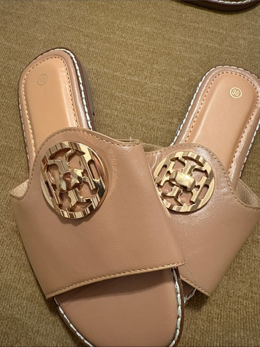 Women’s Slide Sandals in Nude with Gold Accent